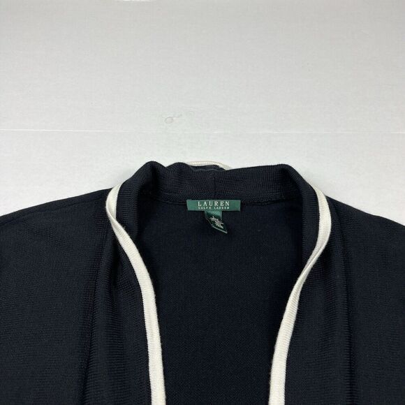 Lauren Ralph Lauren Short Cardigan Black Open Front Wrap Classic Sweater LARGE - Picture 4 of 10